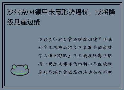沙尔克04德甲未赢形势堪忧，或将降级悬崖边缘